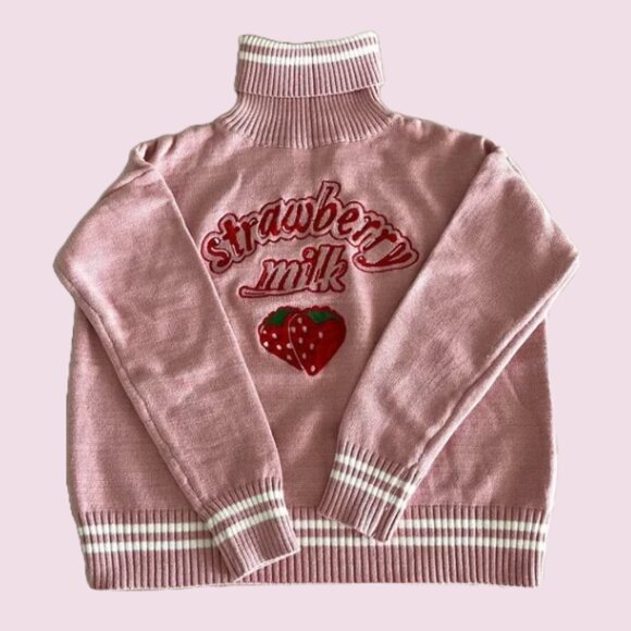 NEW Pink Strawberry Milk Knit Turtleneck Sweater - Picture 1 of 4